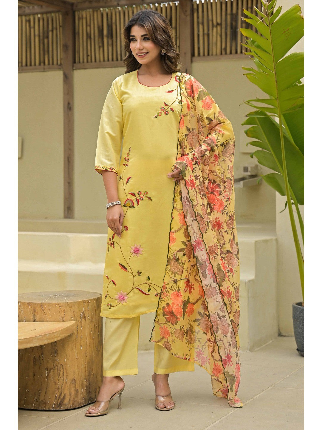 Yellow Thread Work Embroidered Chanderi Silk Salwar Suit - Image 6
