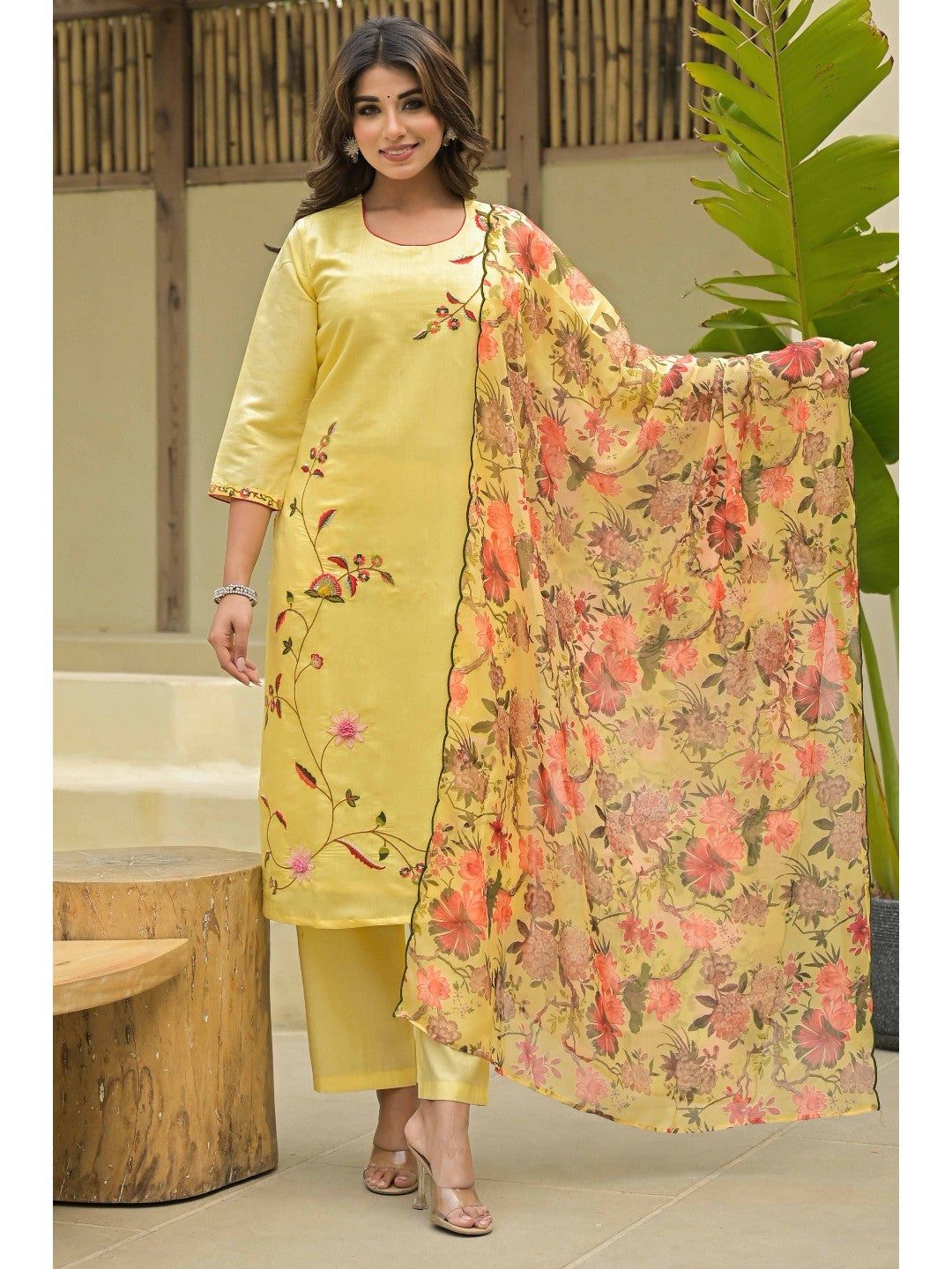 Yellow Thread Work Embroidered Chanderi Silk Salwar Suit - Image 6