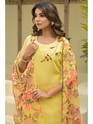 Yellow Thread Work Embroidered Chanderi Silk Salwar Suit - Image 2