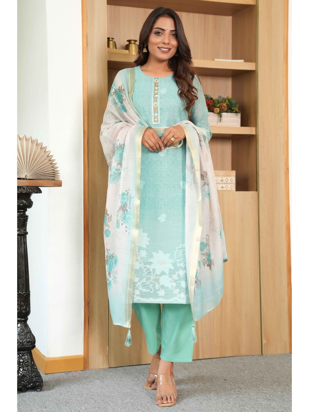 Light Green Printed Linen Jacquard Suit with Graceful Lace Work Detailing - Image 4