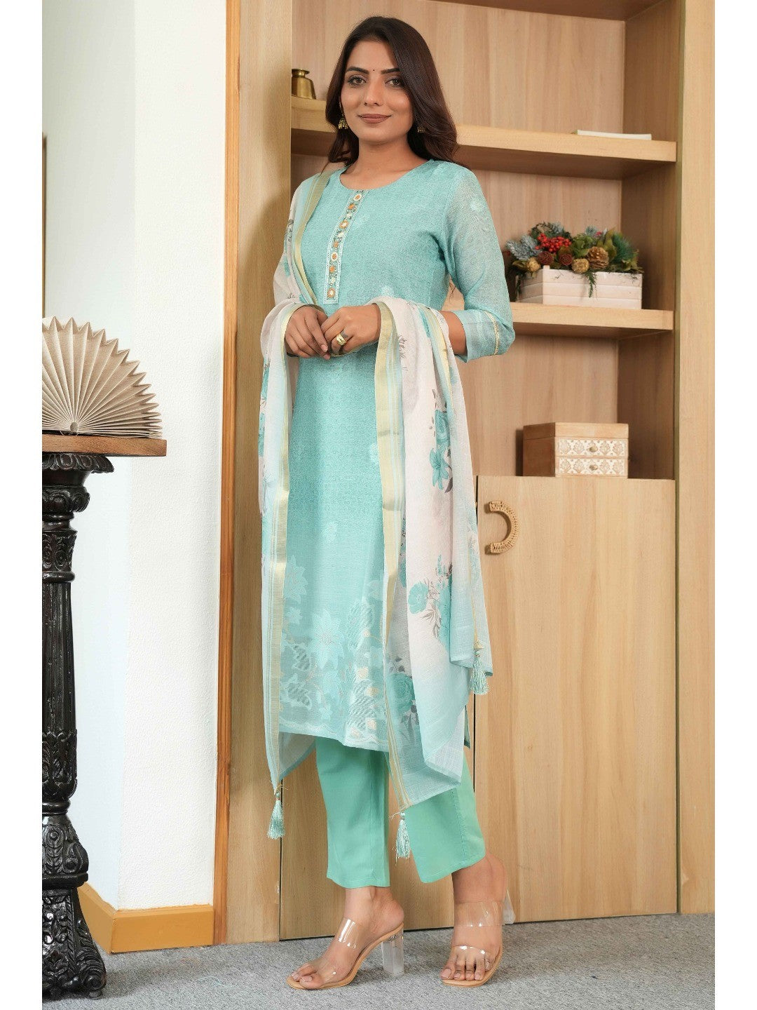 Light Green Printed Linen Jacquard Suit with Graceful Lace Work Detailing - Image 5