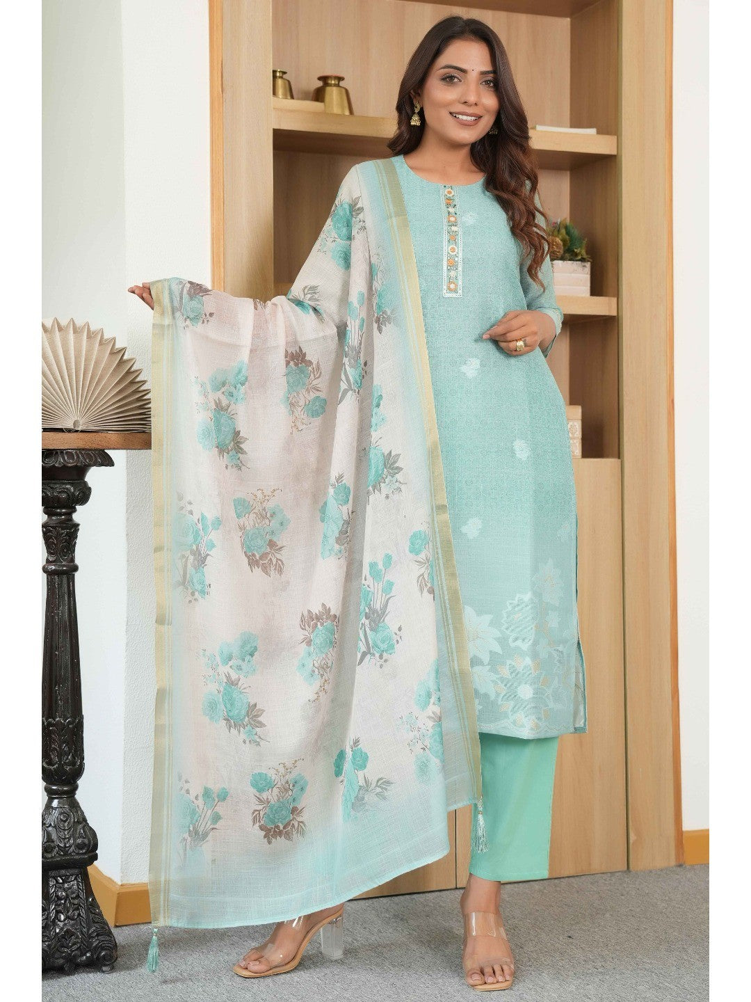 Light Green Printed Linen Jacquard Suit with Graceful Lace Work Detailing - Image 7