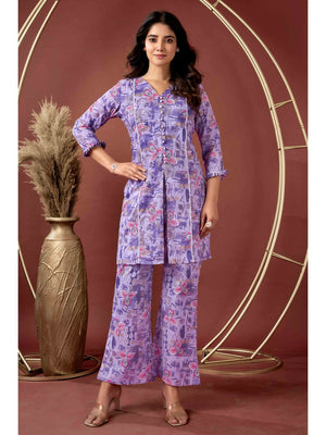 Plum Purple Floral Printed Pure Cotton Co-ord Set - Image 1