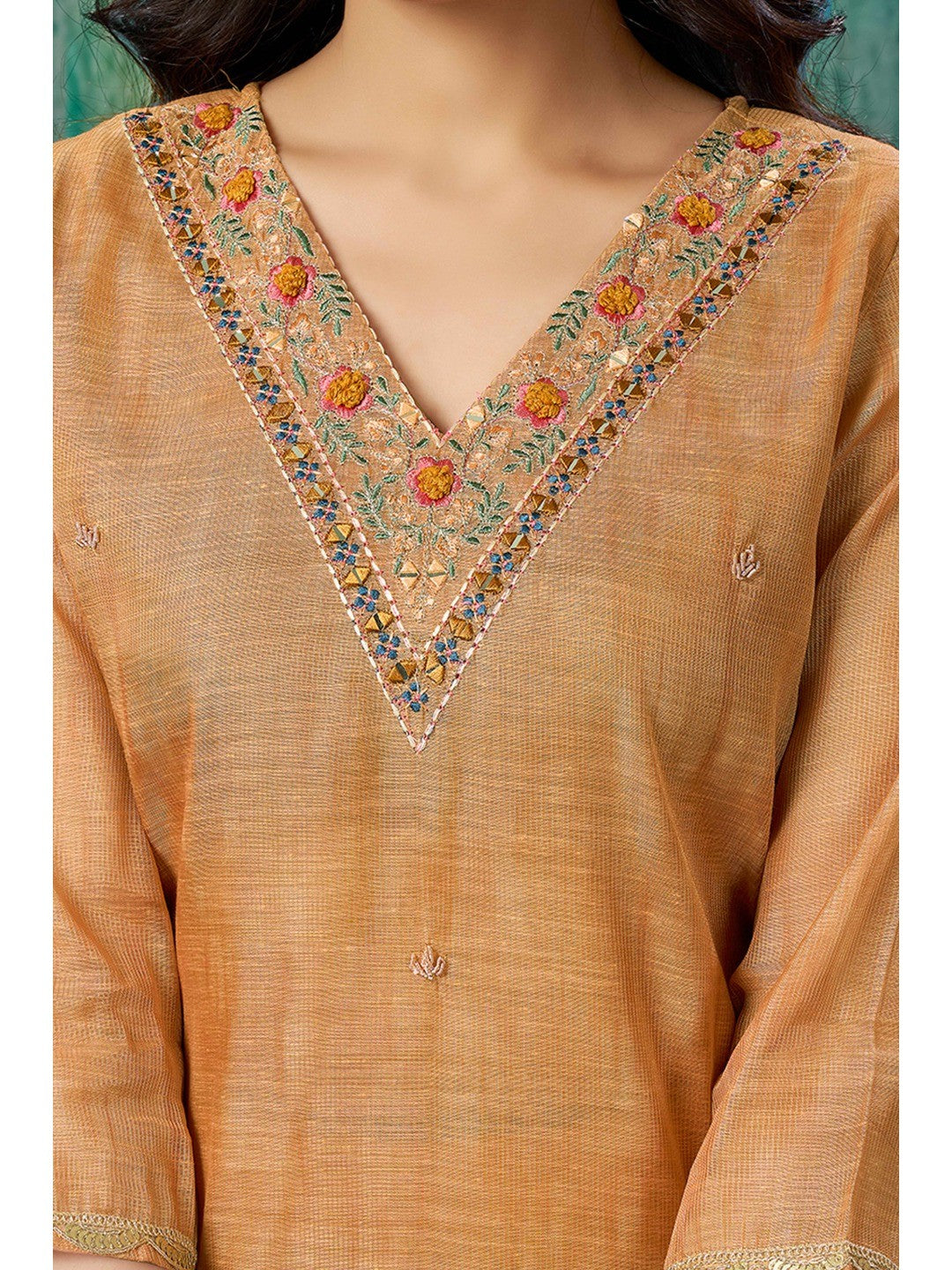 Orange Thread Work Embroidered Linen Straight Salwar Suit - Image 5