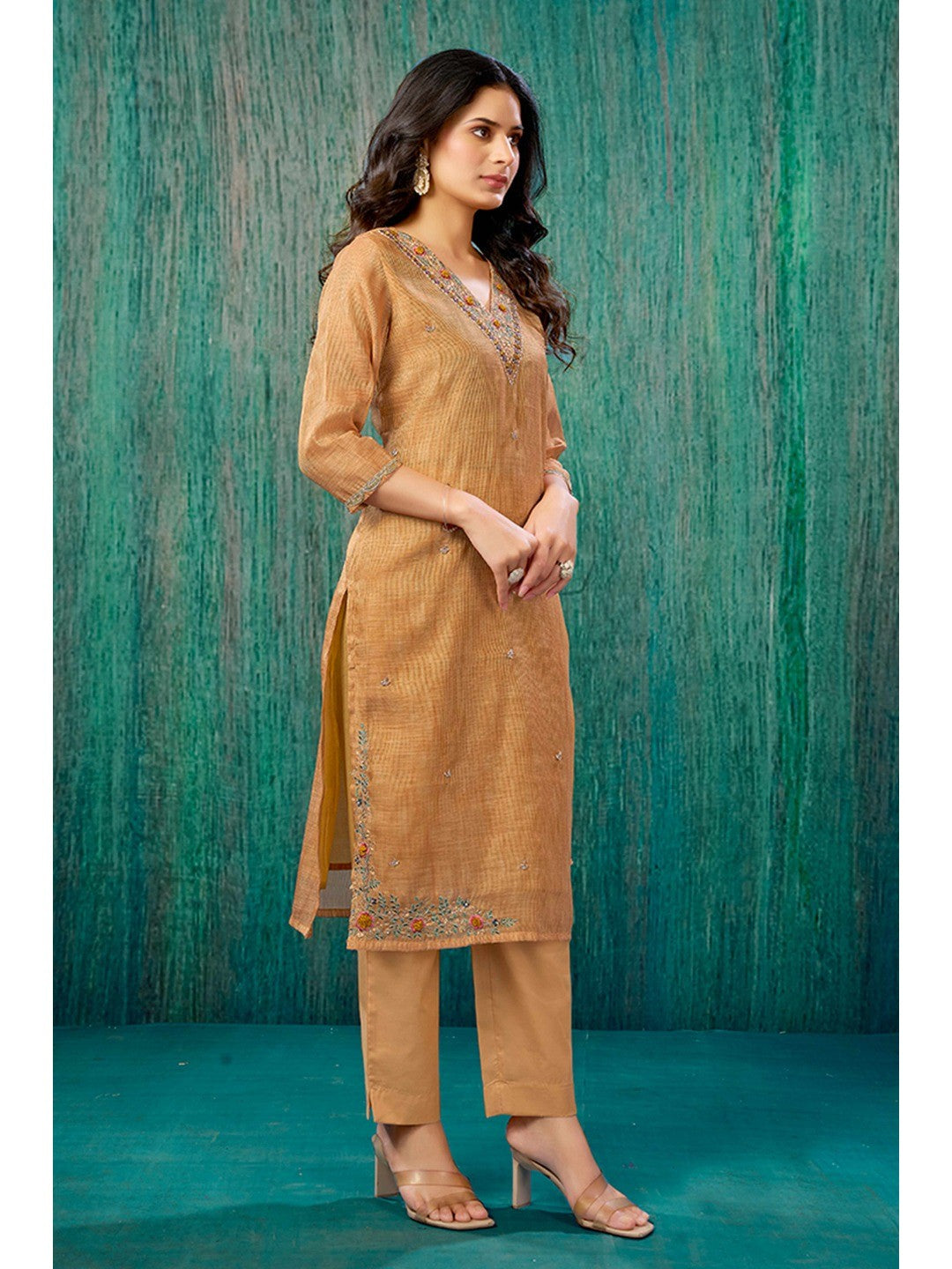 Orange Thread Work Embroidered Linen Straight Salwar Suit - Image 3