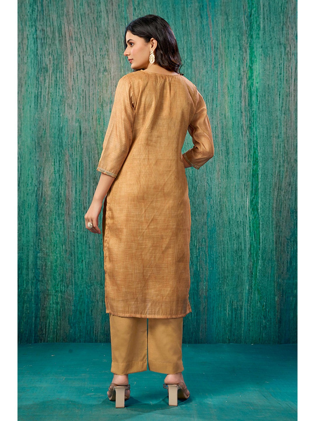 Orange Thread Work Embroidered Linen Straight Salwar Suit - Image 6