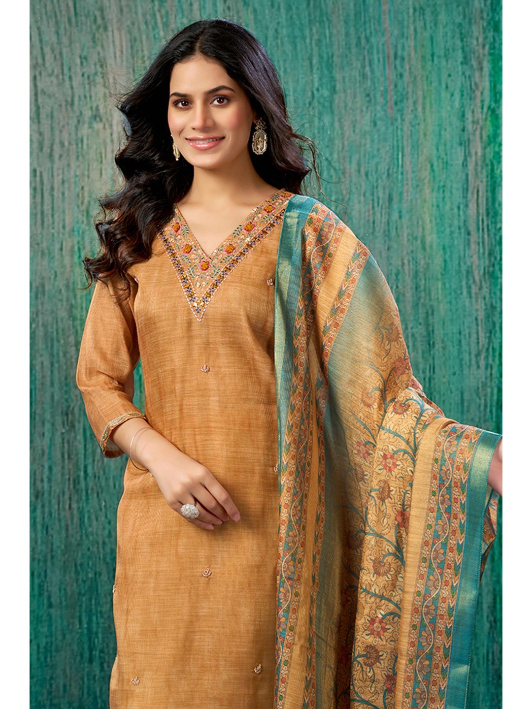 Orange Thread Work Embroidered Linen Straight Salwar Suit - Image 7