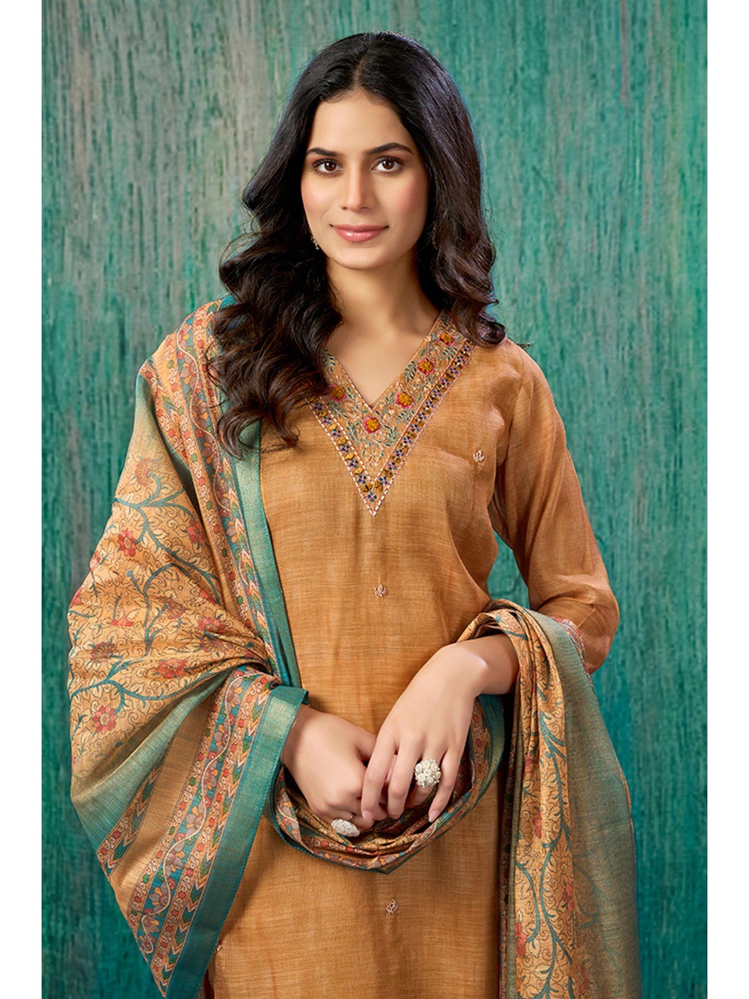 Orange Thread Work Embroidered Linen Straight Salwar Suit - Image 4