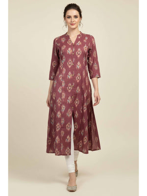 Purple Ikkat Printed Pure Cotton A-Line Kurti - Image 1