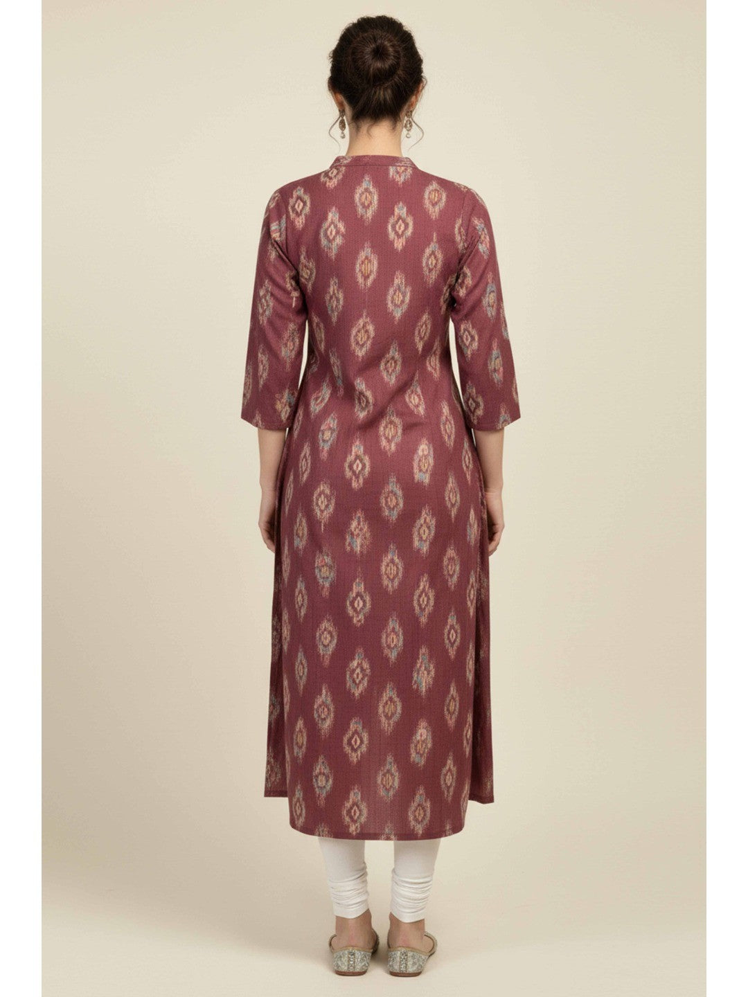 Purple Ikkat Printed Pure Cotton A-Line Kurti - Image 3