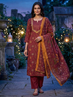 Elegant Maroon Floral Printed Straight Cut Salwar Suit Adorned With Mirror & Sequin On The Neckline - Image 1