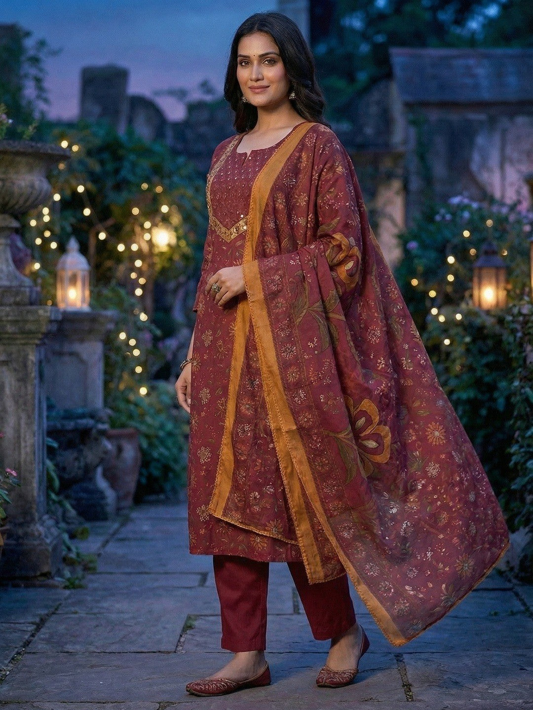 Elegant Maroon Floral Printed Straight Cut Salwar Suit Adorned With Mirror & Sequin On The Neckline - Image 5