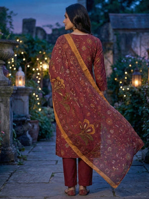 Elegant Maroon Floral Printed Straight Cut Salwar Suit Adorned With Mirror & Sequin On The Neckline - Image 2