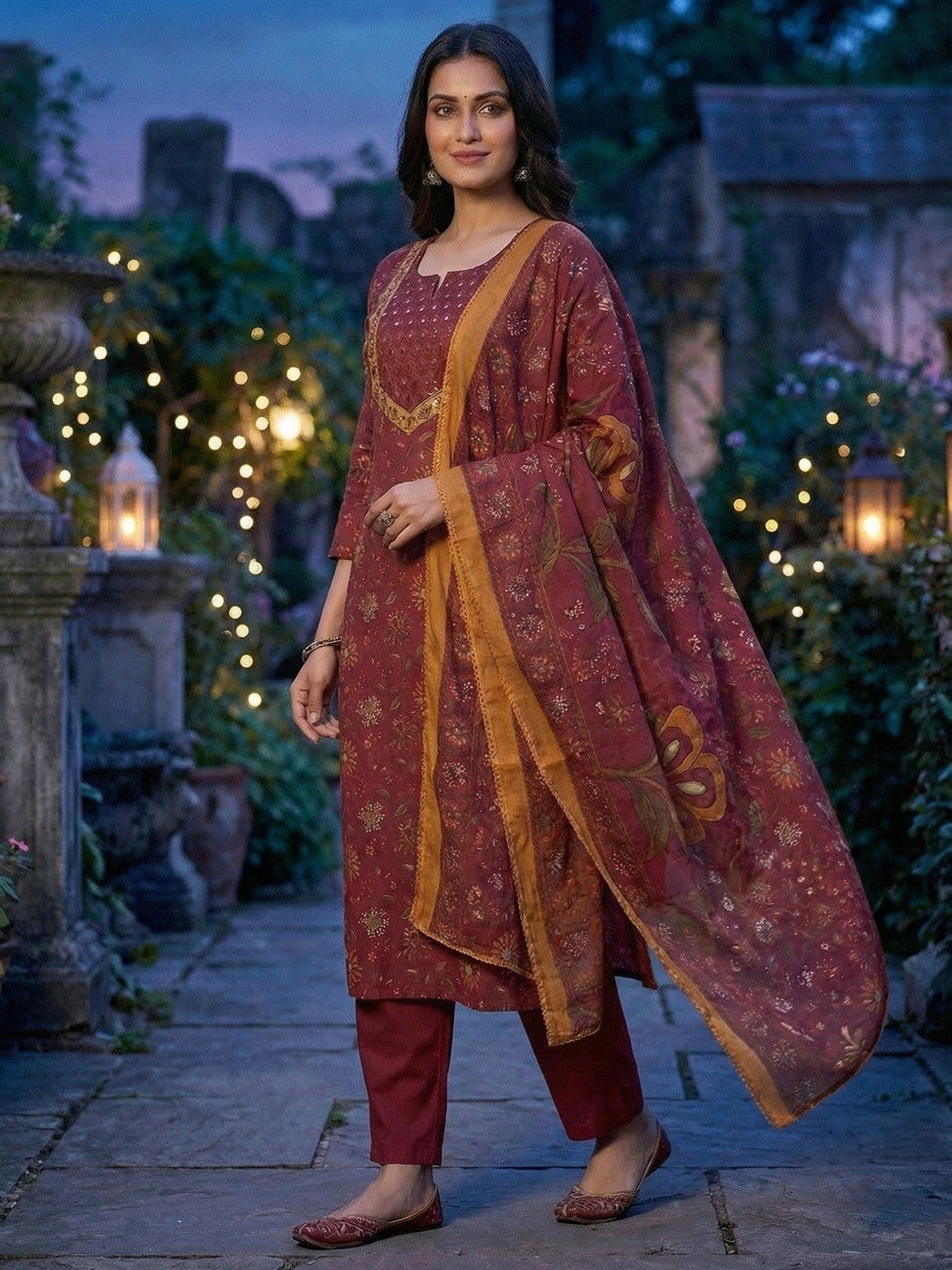 Elegant Maroon Floral Printed Straight Cut Salwar Suit Adorned With Mirror & Sequin On The Neckline - Image 3