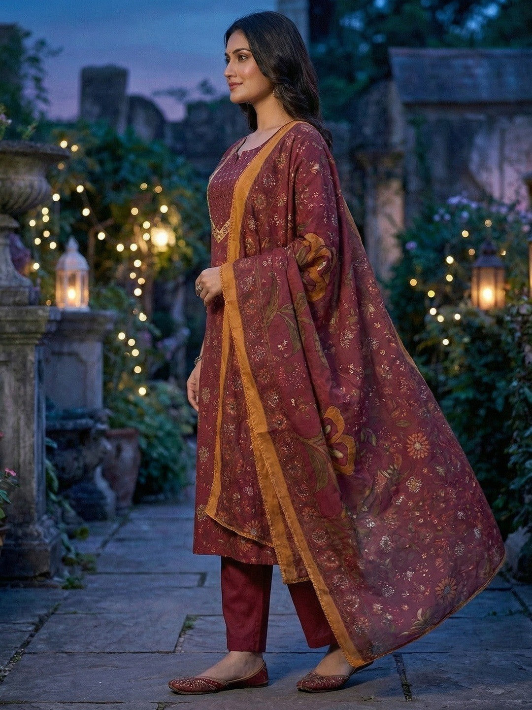 Elegant Maroon Floral Printed Straight Cut Salwar Suit Adorned With Mirror & Sequin On The Neckline - Image 4