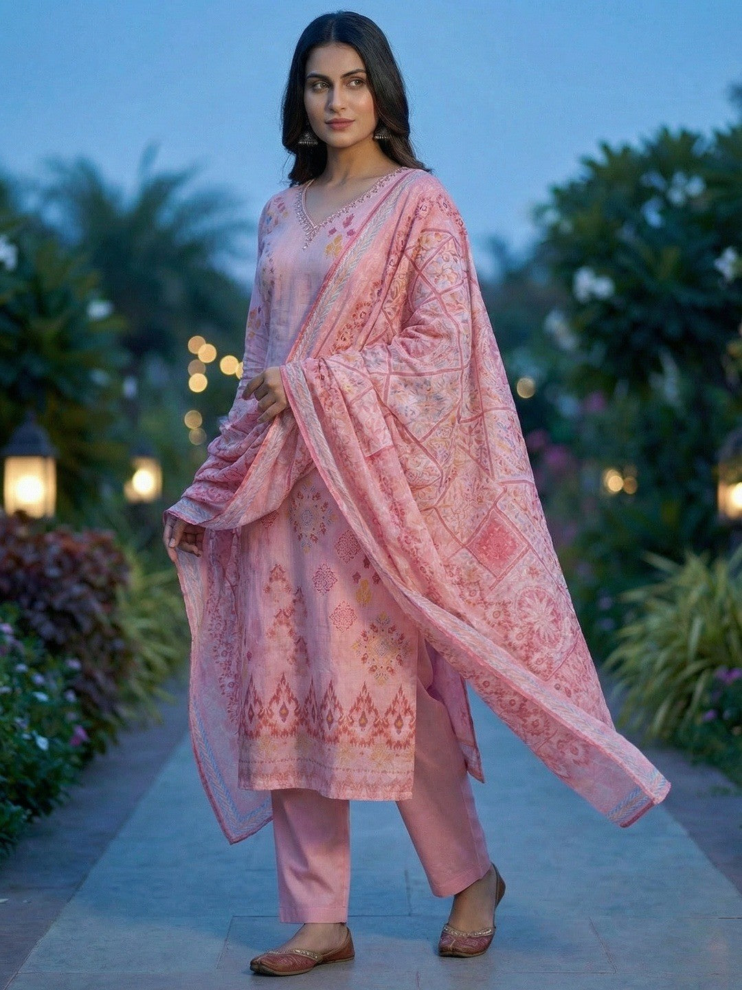 Elegant Pink Printed Straight Pure Cotton Salwar Suit Highlighted by Moti & Sequins Neck Work - Image 3