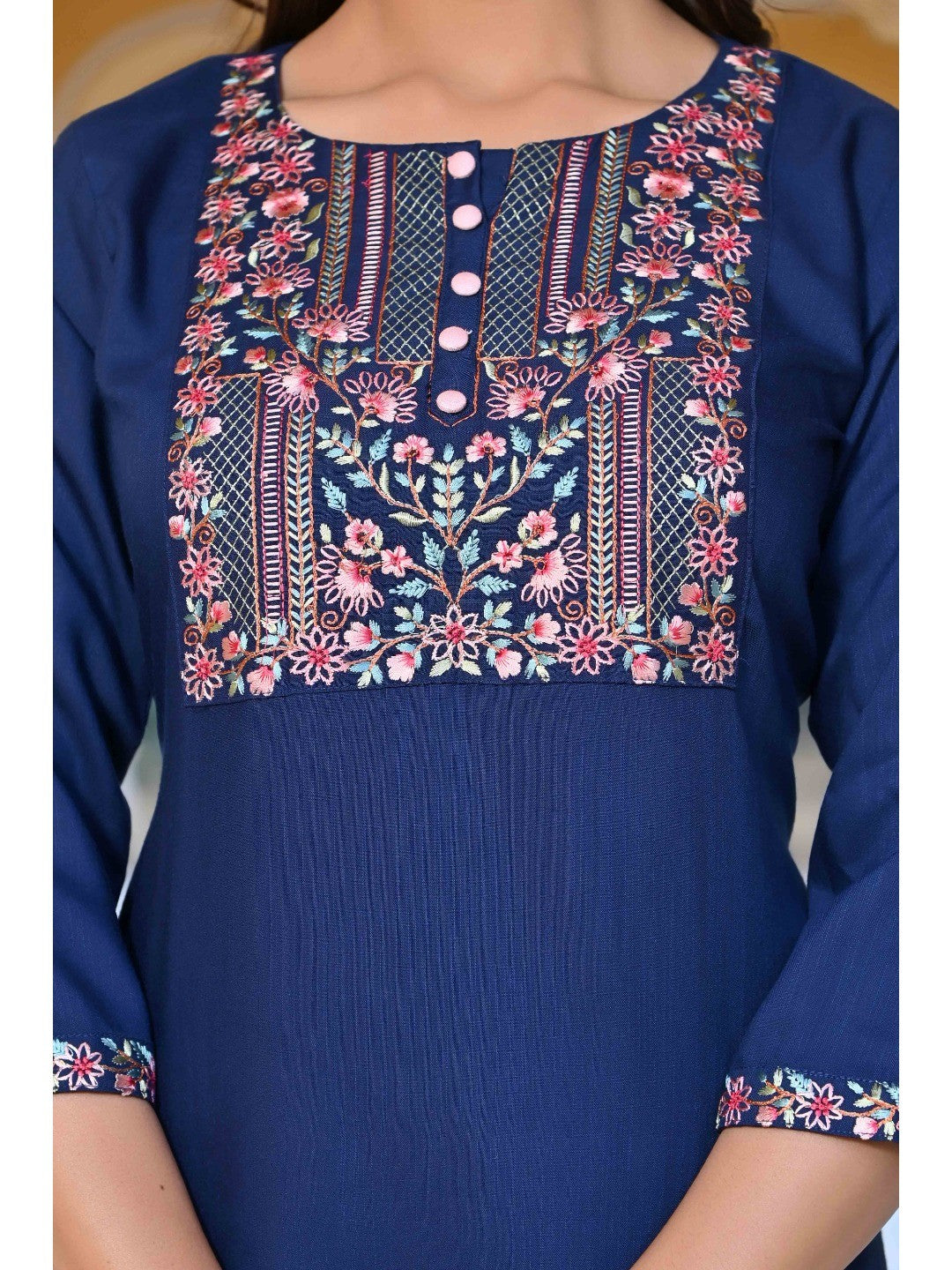 Blue Yoke Embroidered Rayon Slub Straight Kurti - Image 4