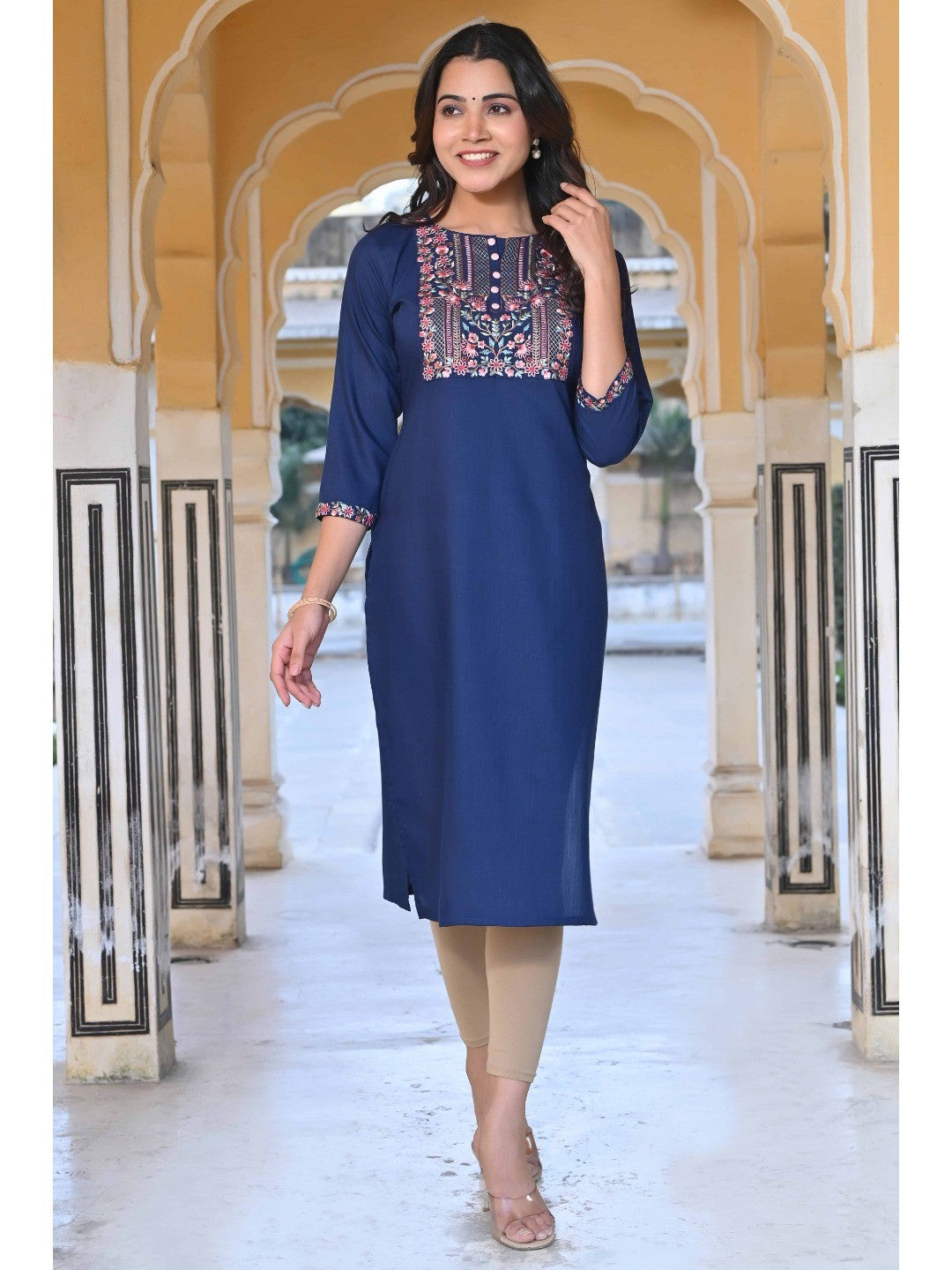 Blue Yoke Embroidered Rayon Slub Straight Kurti - Image 3
