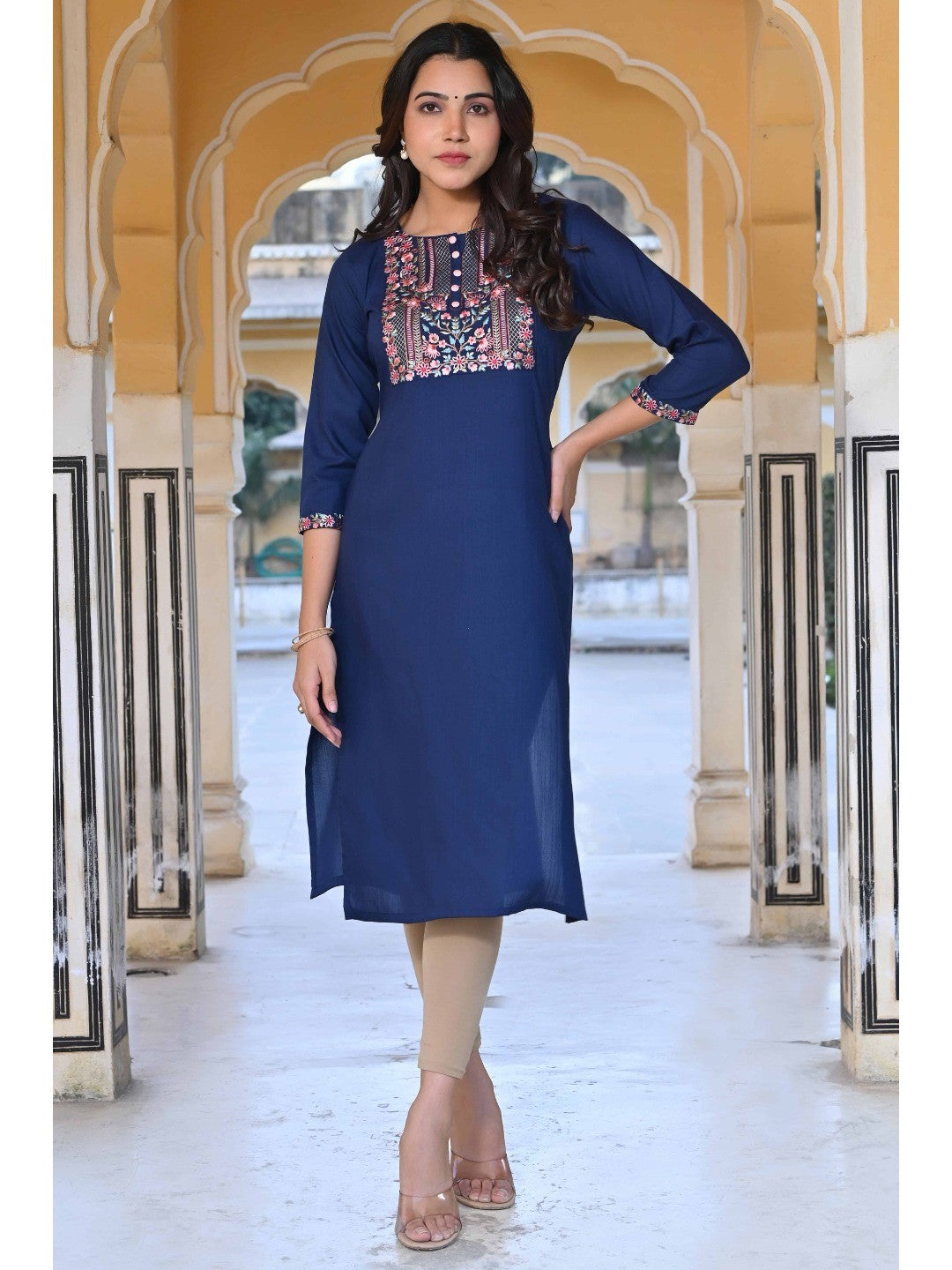 Blue Yoke Embroidered Rayon Slub Straight Kurti - Image 2