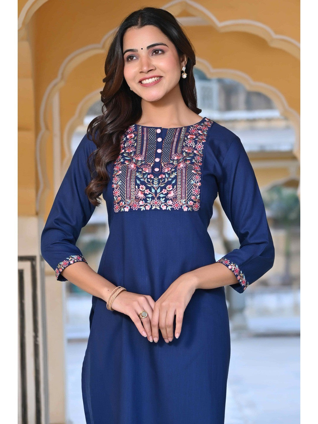 Blue Yoke Embroidered Rayon Slub Straight Kurti - Image 5