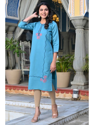 Rama Blue Floral Embroidered Viscose Straight Kurti - Image 1