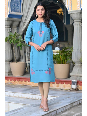 Rama Blue Floral Embroidered Viscose Straight Kurti - Image 2