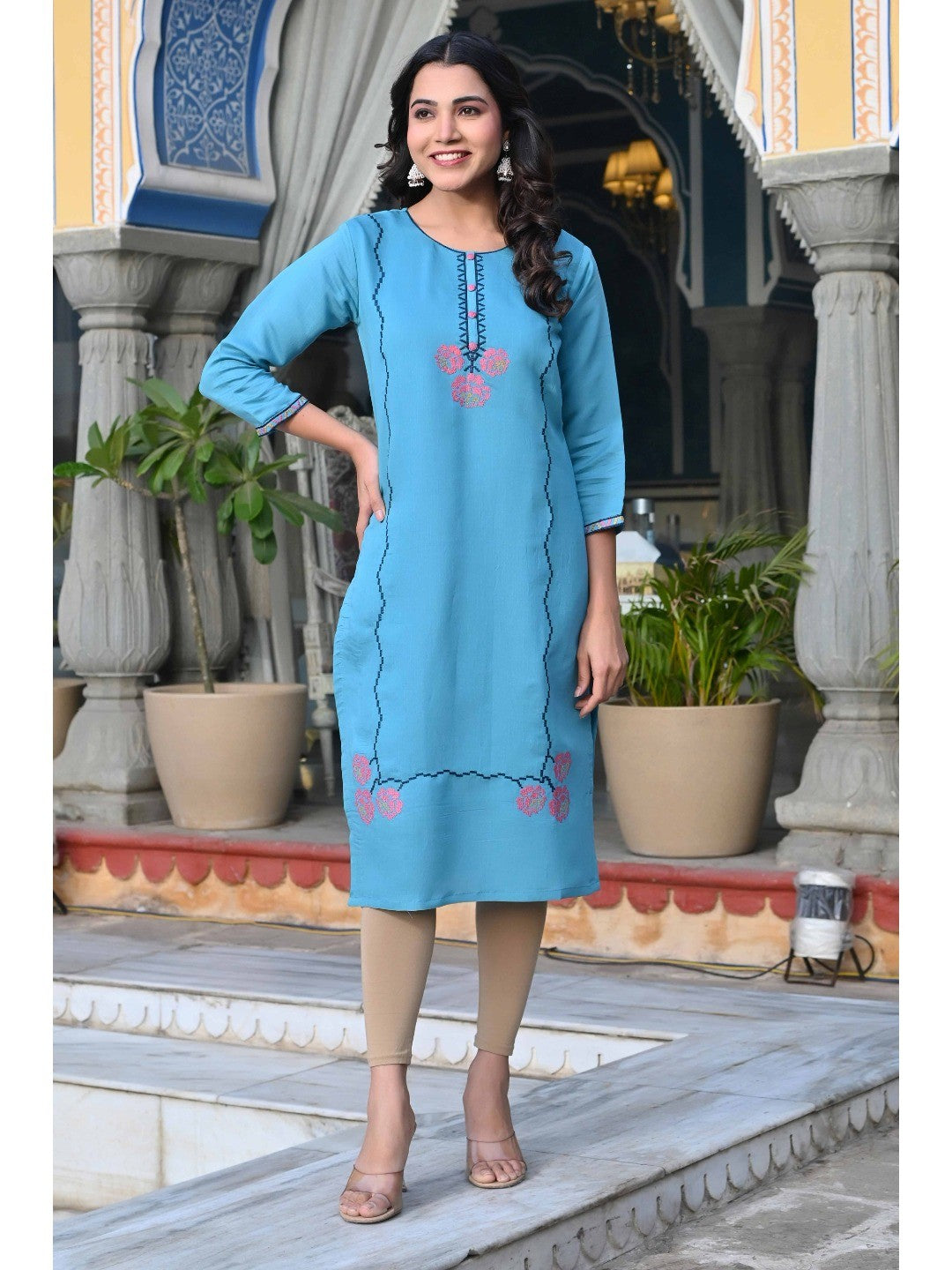 Rama Blue Floral Embroidered Viscose Straight Kurti - Image 4