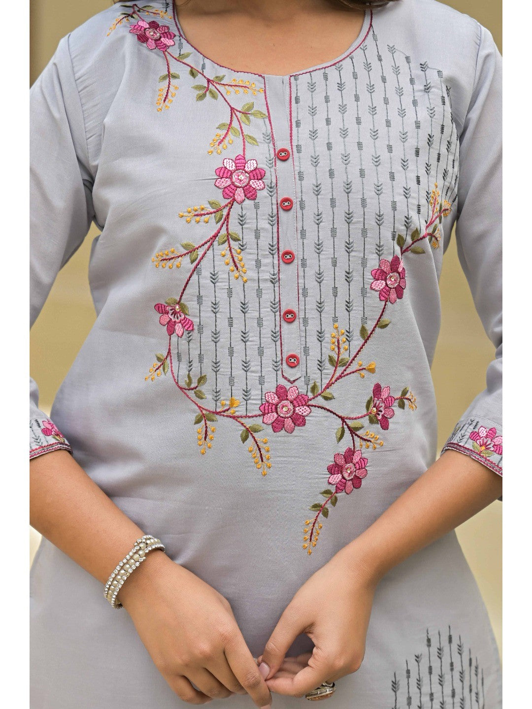 Grey Floral Embroidered Chanderi Straight Kurti With Handwork - Image 6