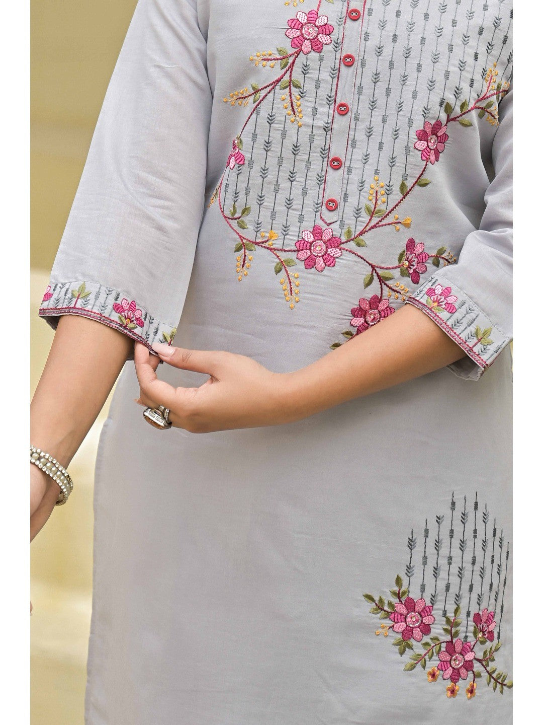 Grey Floral Embroidered Chanderi Straight Kurti With Handwork - Image 2