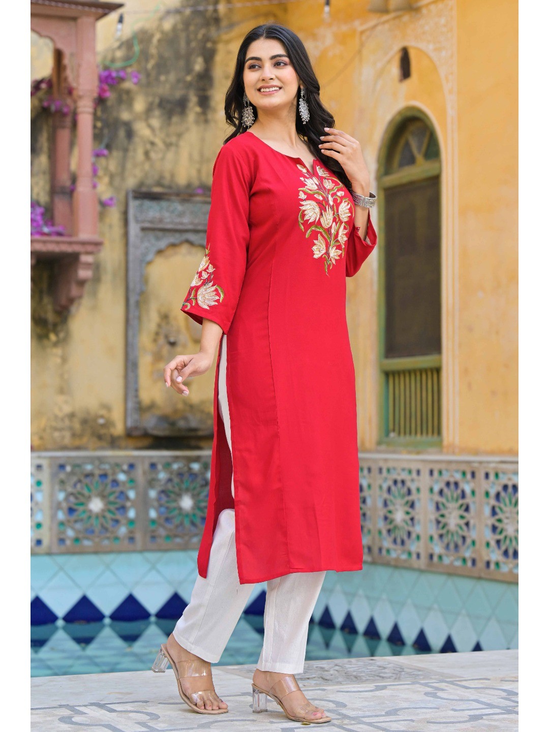 Red Floral Embroidered Viscose Rayon Straight Kurti - Image 1