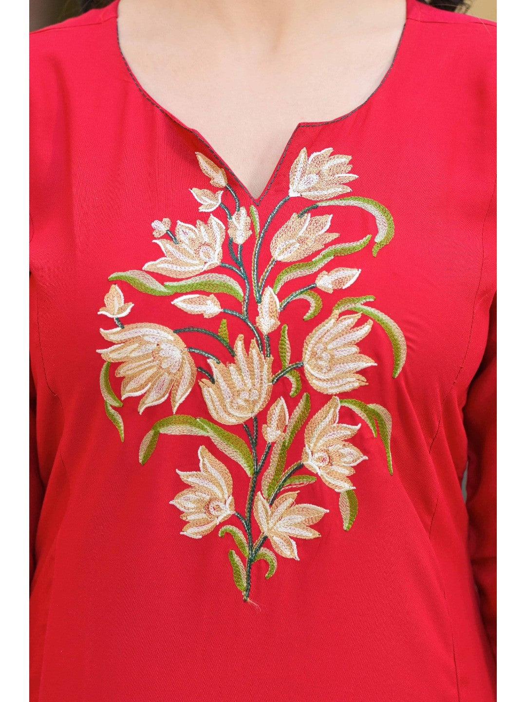 Red Floral Embroidered Viscose Rayon Straight Kurti - Image 6
