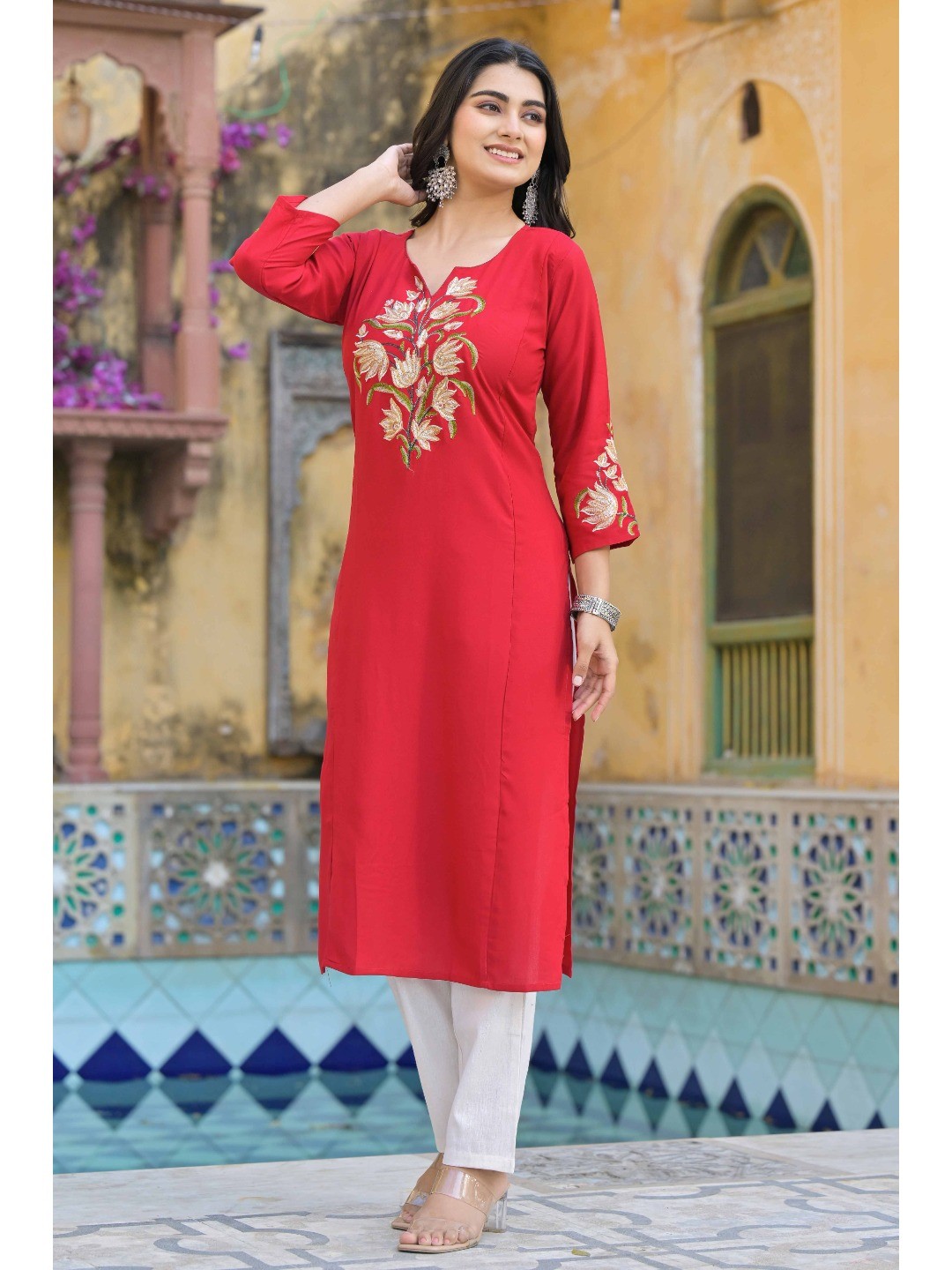 Red Floral Embroidered Viscose Rayon Straight Kurti - Image 7