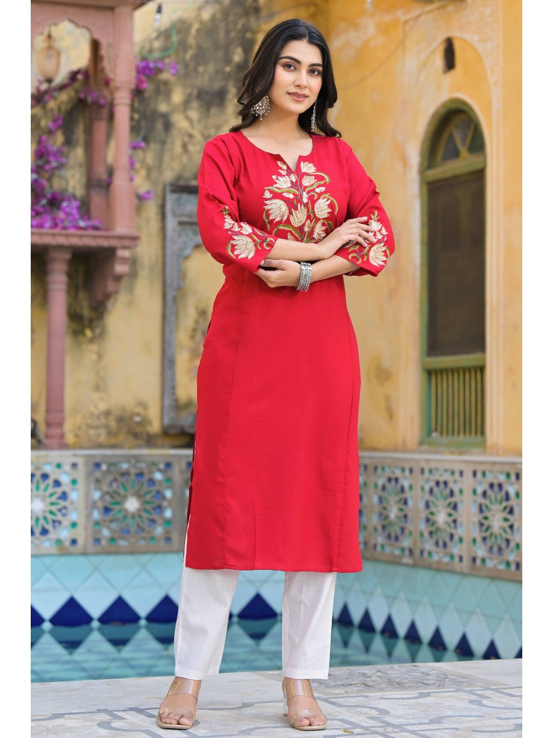 Red Floral Embroidered Viscose Rayon Straight Kurti - Image 2