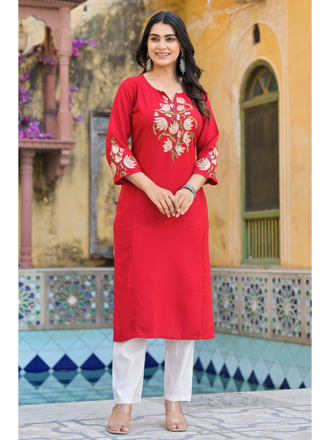 Red Floral Embroidered Viscose Rayon Straight Kurti - Image 5