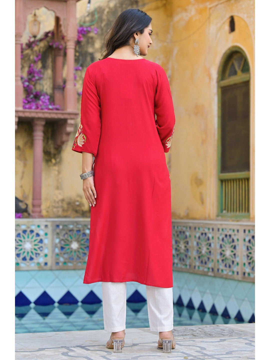 Red Floral Embroidered Viscose Rayon Straight Kurti - Image 3