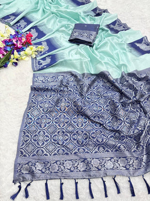 Mint Green Silk Blend Saree with Elephant Motif Border and Detailed Border Weaving - Image 1