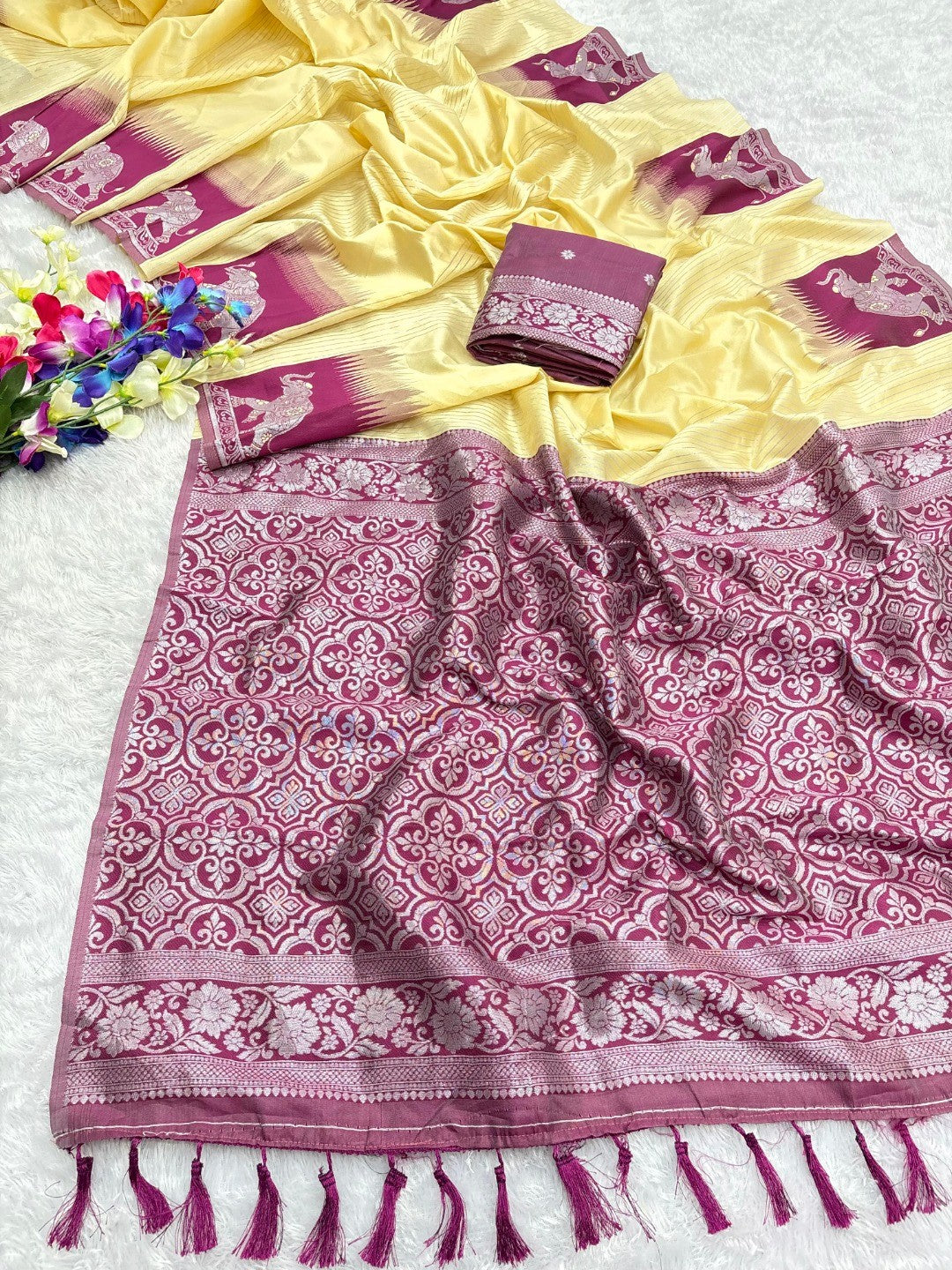 Yellow Silk Blend Saree with Elephant Motif Border and Detailed Border Weaving - Image 1