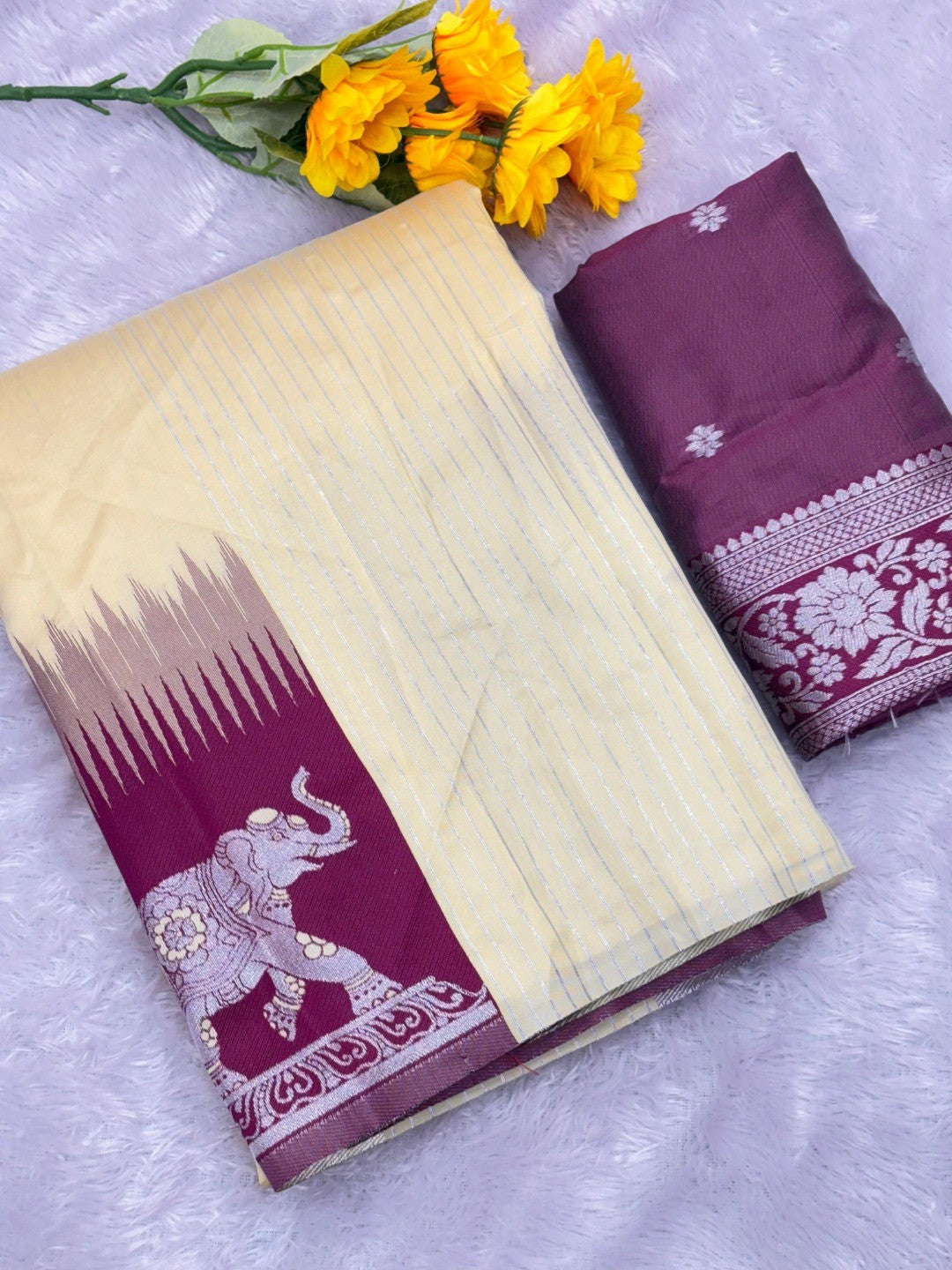 Yellow Silk Blend Saree with Elephant Motif Border and Detailed Border Weaving - Image 2