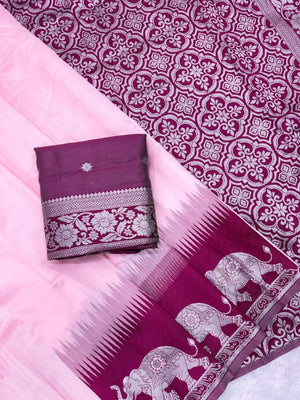 Pink Silk Blend Saree with Elephant Motif Border and Detailed Border Weaving - Image 2