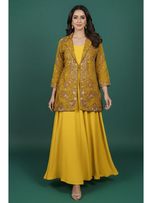 Luxe Mustard Solid Chanderi Silk Co-Ord Set with Ornate Embroidered Coat - Image 1