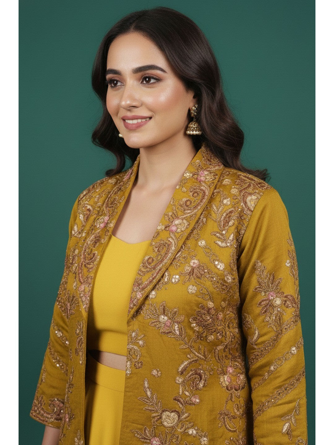 Luxe Mustard Solid Chanderi Silk Co-Ord Set with Ornate Embroidered Coat - Image 2