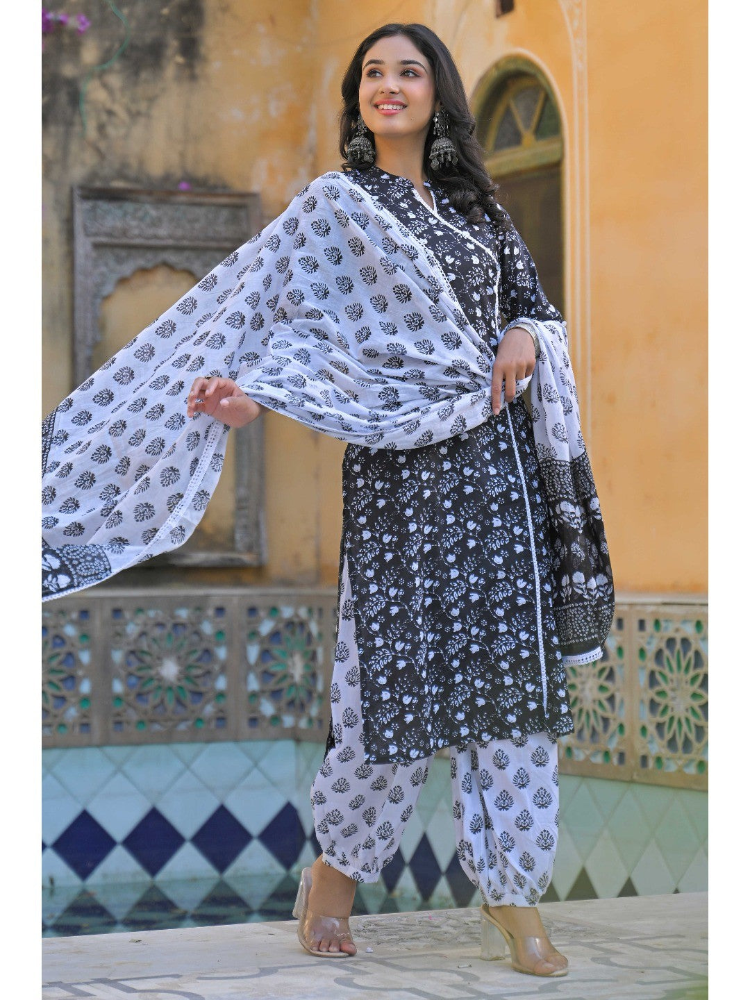 Black Floral Printed Pure Cotton Angrakha Salwar Suit - Image 1