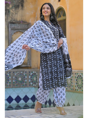 Black Floral Printed Pure Cotton Angrakha Salwar Suit - Image 1