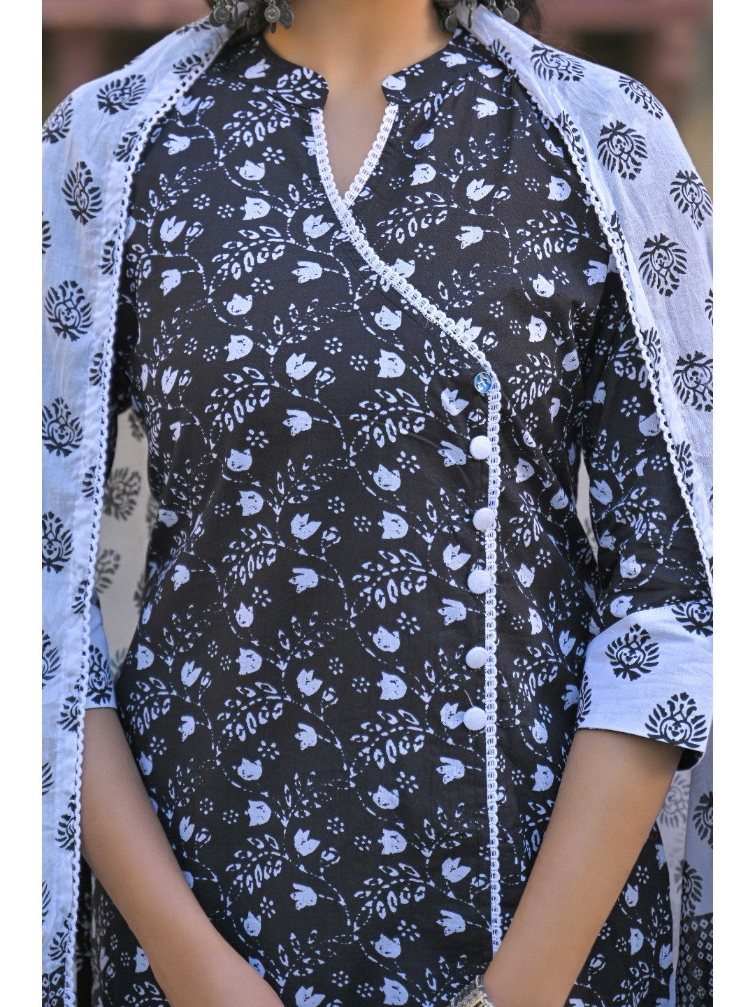 Black Floral Printed Pure Cotton Angrakha Salwar Suit - Image 6
