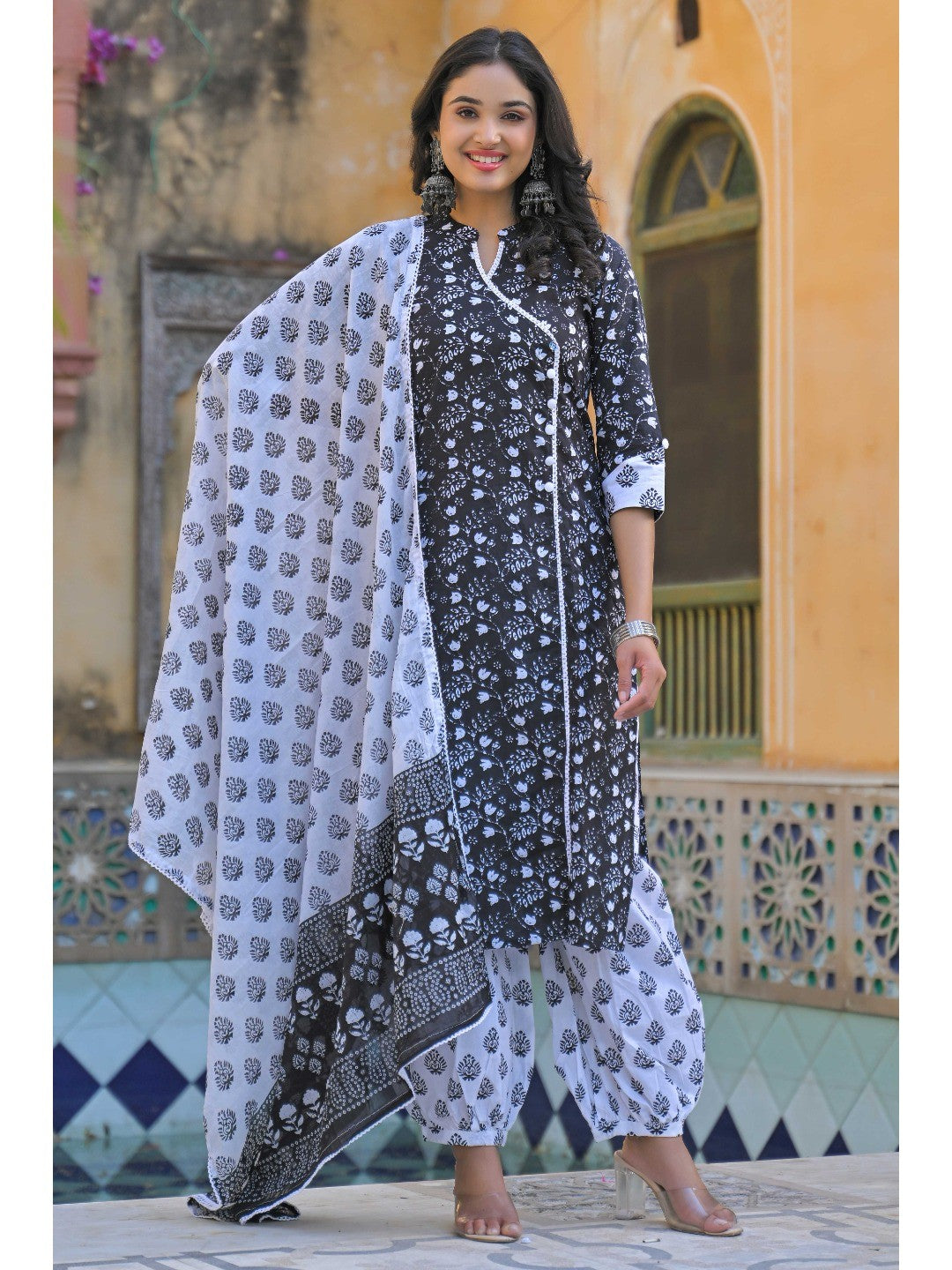 Black Floral Printed Pure Cotton Angrakha Salwar Suit - Image 2