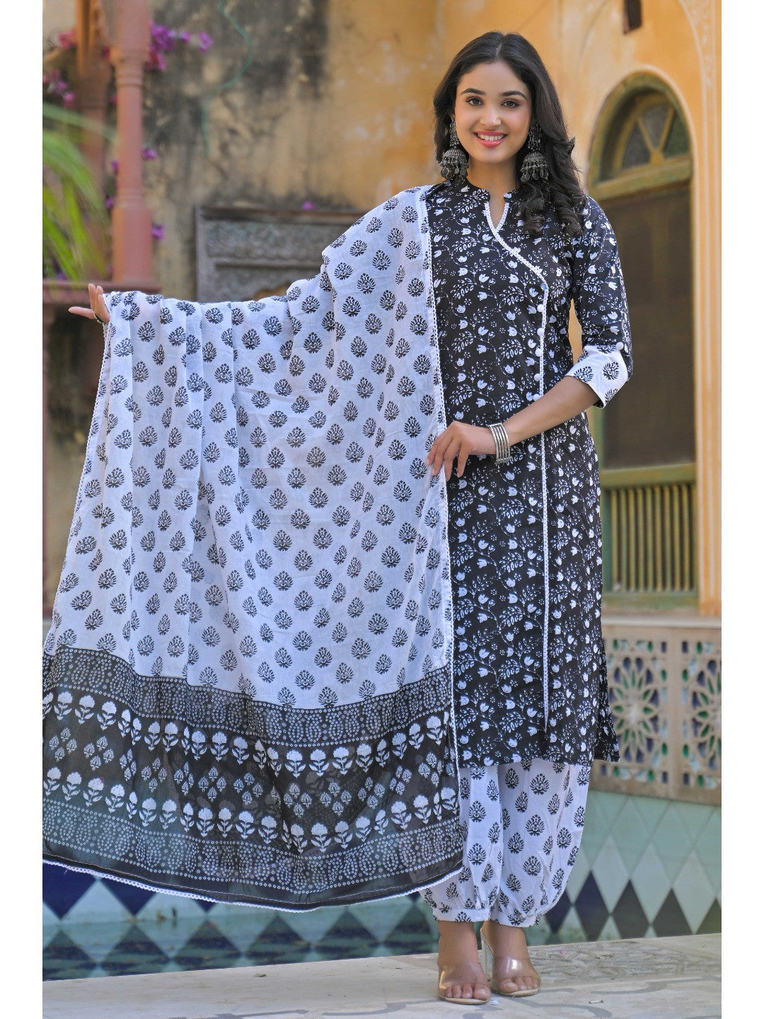 Black Floral Printed Pure Cotton Angrakha Salwar Suit - Image 5