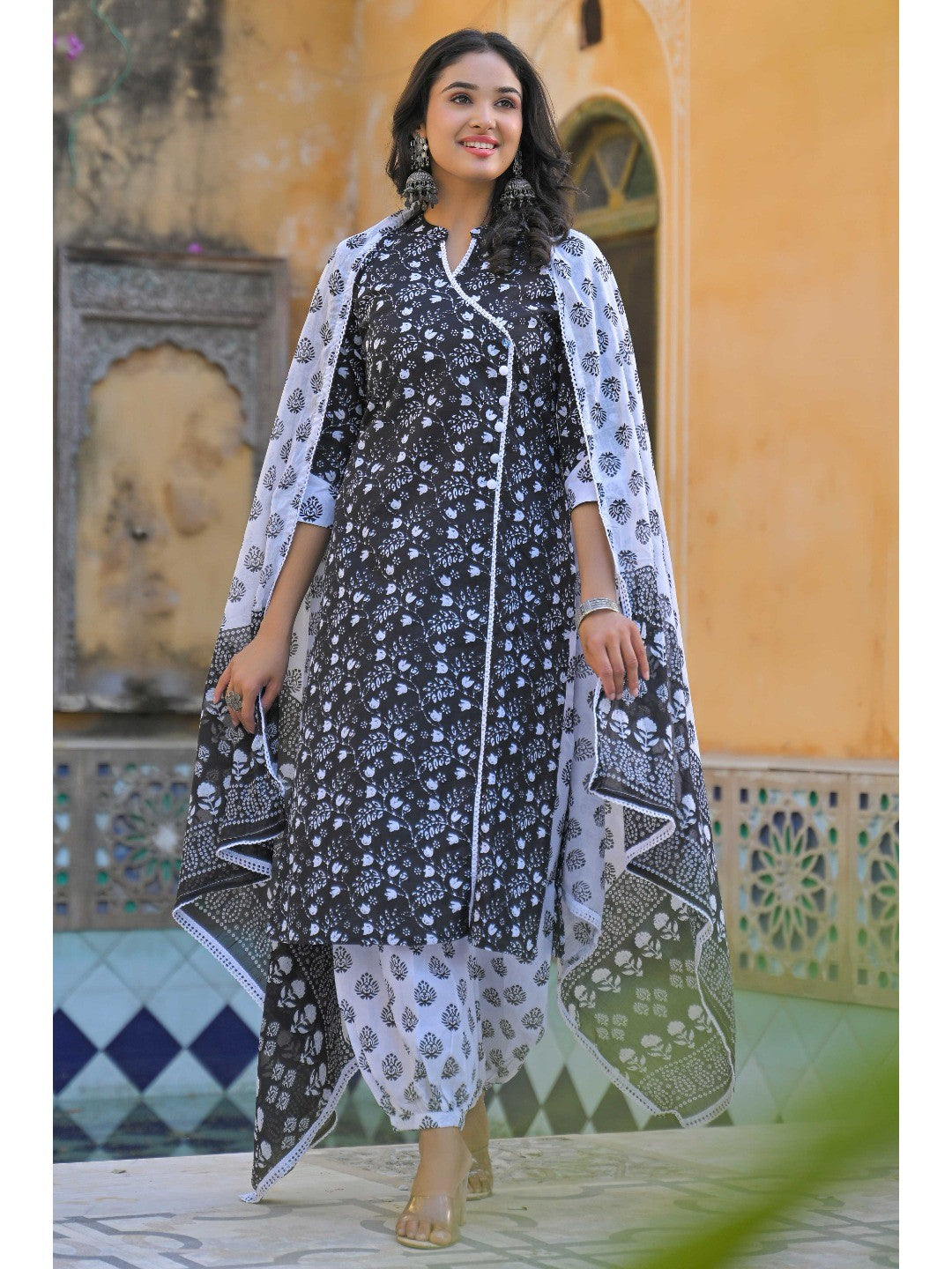 Black Floral Printed Pure Cotton Angrakha Salwar Suit - Image 3