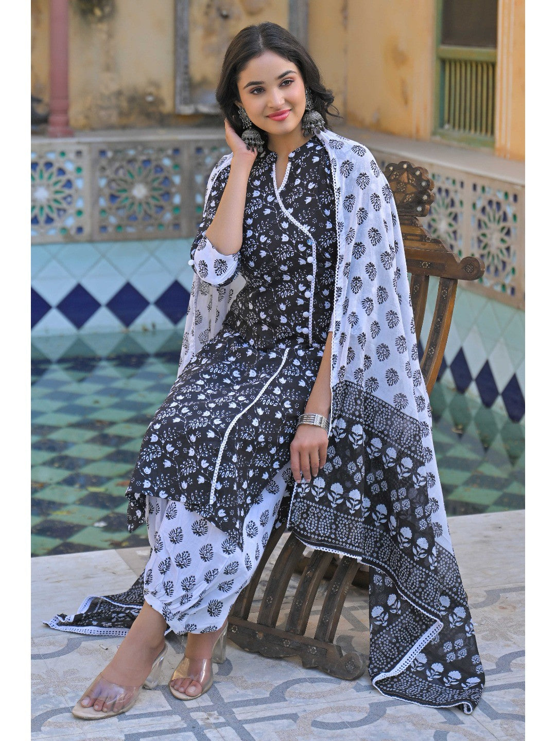 Black Floral Printed Pure Cotton Angrakha Salwar Suit - Image 4