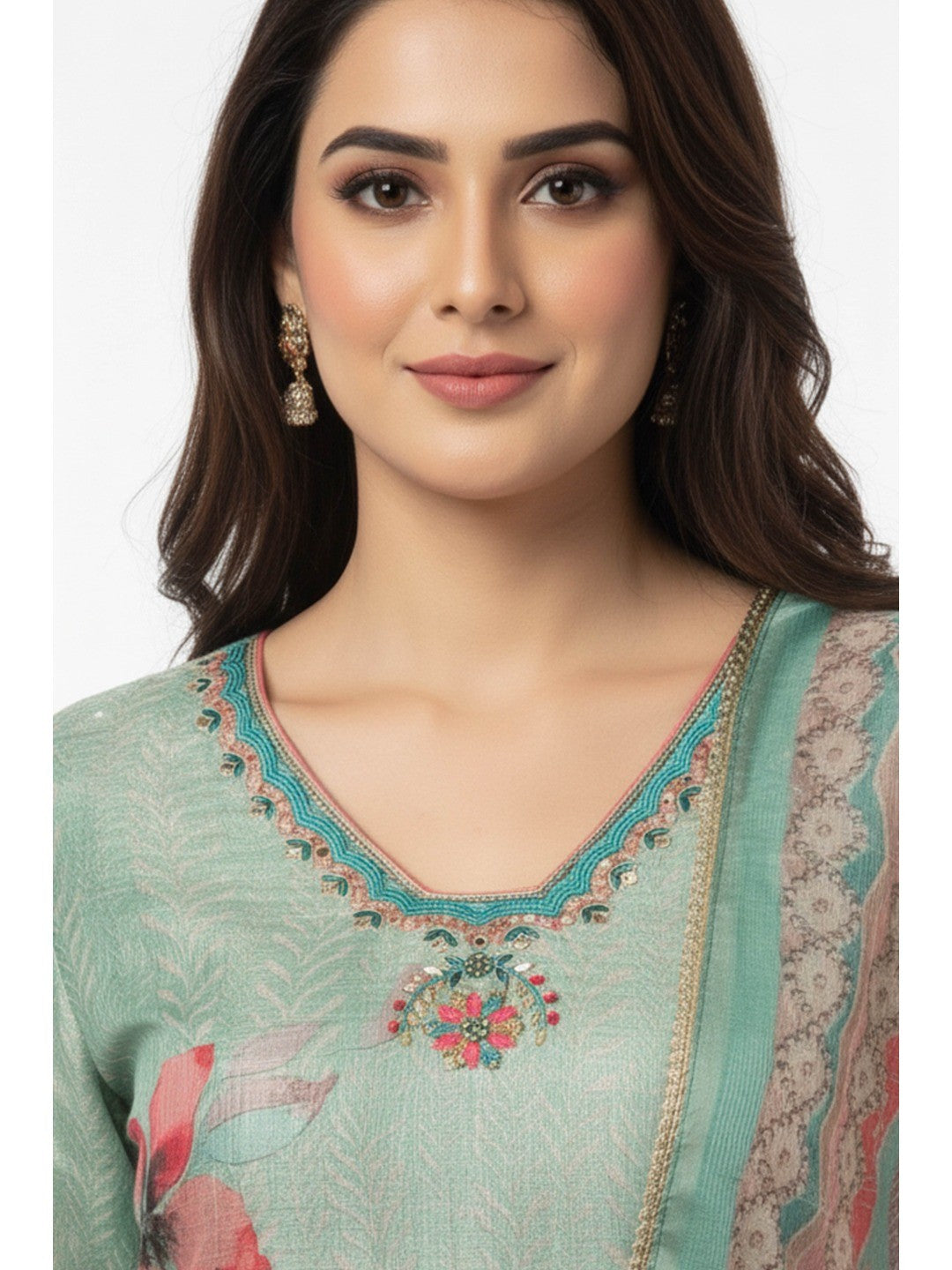 Sea Green Floral Digital Print Straight-Cut Salwar Suit With Intricate Hand Work On Shimmer Chanderi Silk - Image 6