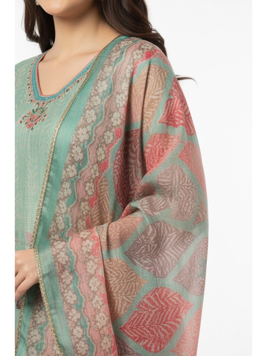 Sea Green Floral Digital Print Straight-Cut Salwar Suit With Intricate Hand Work On Shimmer Chanderi Silk - Image 4